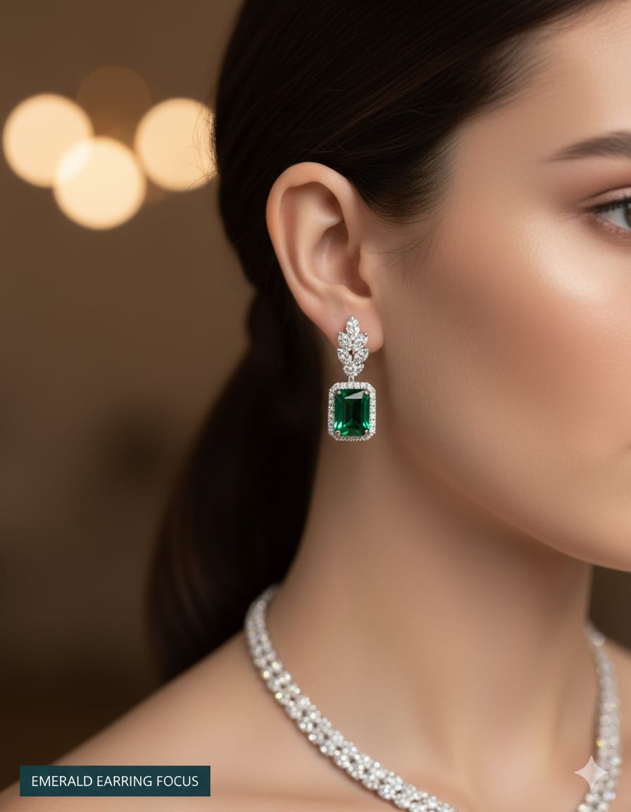 Ringing Jewels High Quality Elegant and Party Wear "AD" Necklace Set With Earrings - White with Green Colour Stones