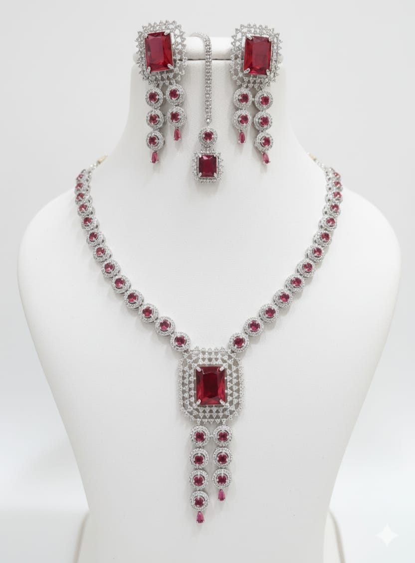 Ringing Jewels "AD" High Fashion Necklace Set For Women With Earrings and Mang Tika - Ruby Red Colour