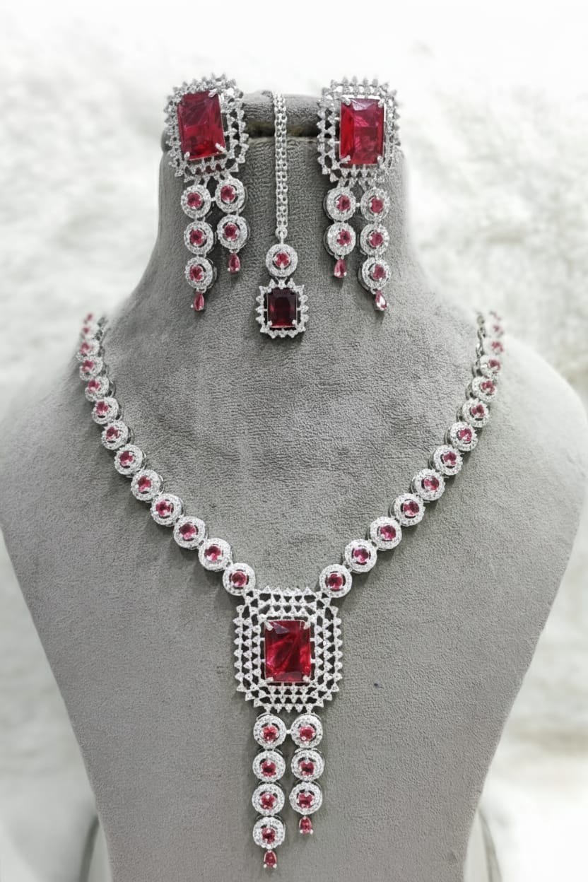 Ringing Jewels "AD" High Fashion Necklace Set For Women With Earrings and Mang Tika - Ruby Red Colour