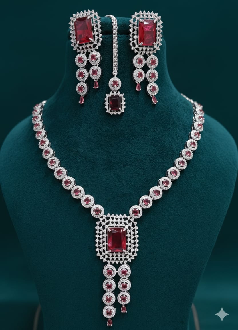 Ringing Jewels "AD" High Fashion Necklace Set For Women With Earrings and Mang Tika - Ruby Red Colour