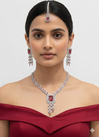 Ringing Jewels "AD" High Fashion Necklace Set For Women With Earrings and Mang Tika - Ruby Red Colour