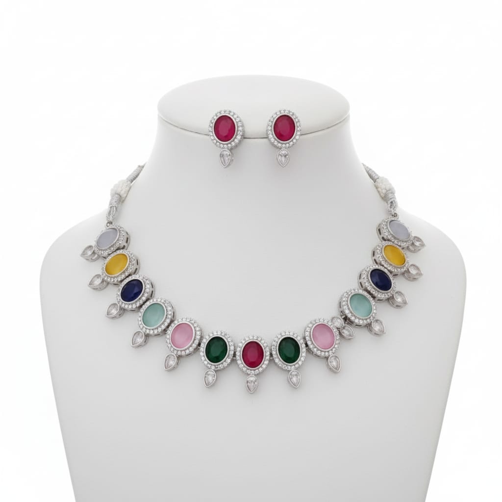 Ringing Jewels Multi Colour Premium "AD" Necklace Set With Earrings