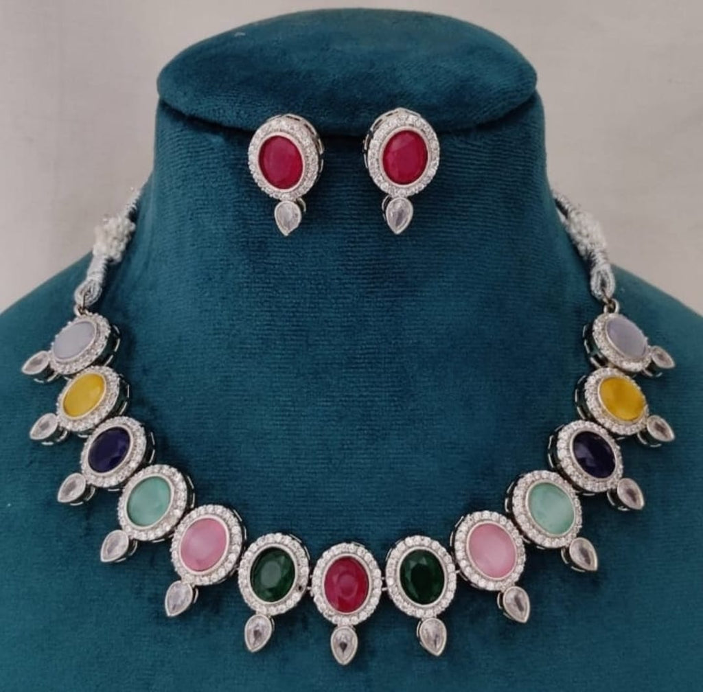 Ringing Jewels Multi Colour Premium "AD" Necklace Set With Earrings