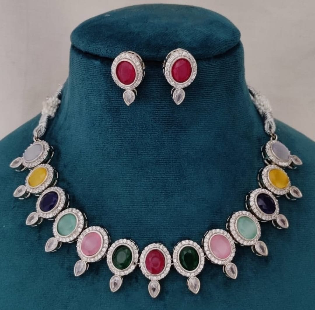 Ringing Jewels Multi Colour Premium "AD" Necklace Set With Earrings