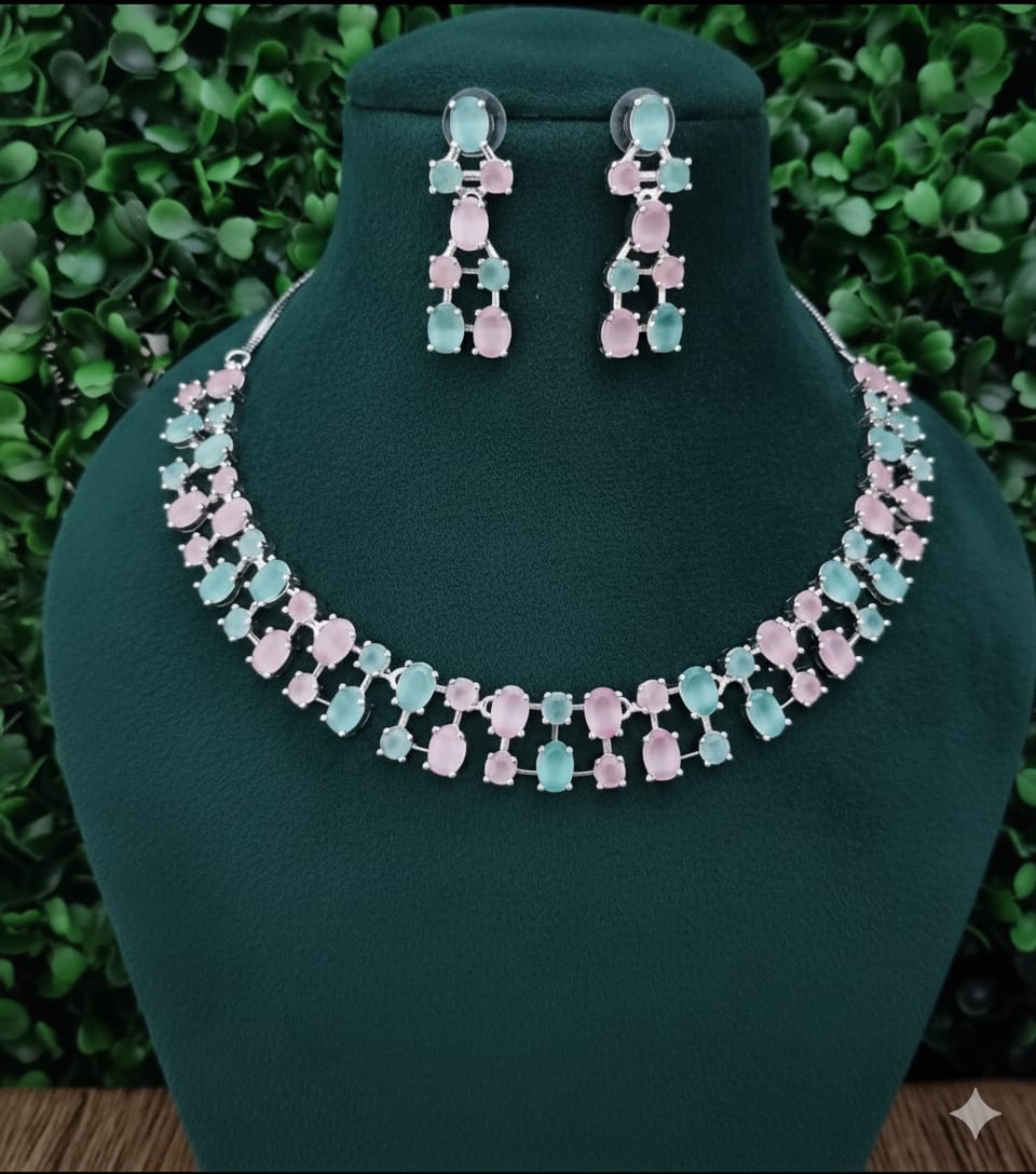 Ringing Jewels Mint and Pink Colour "AD" Necklace Set With Earrings