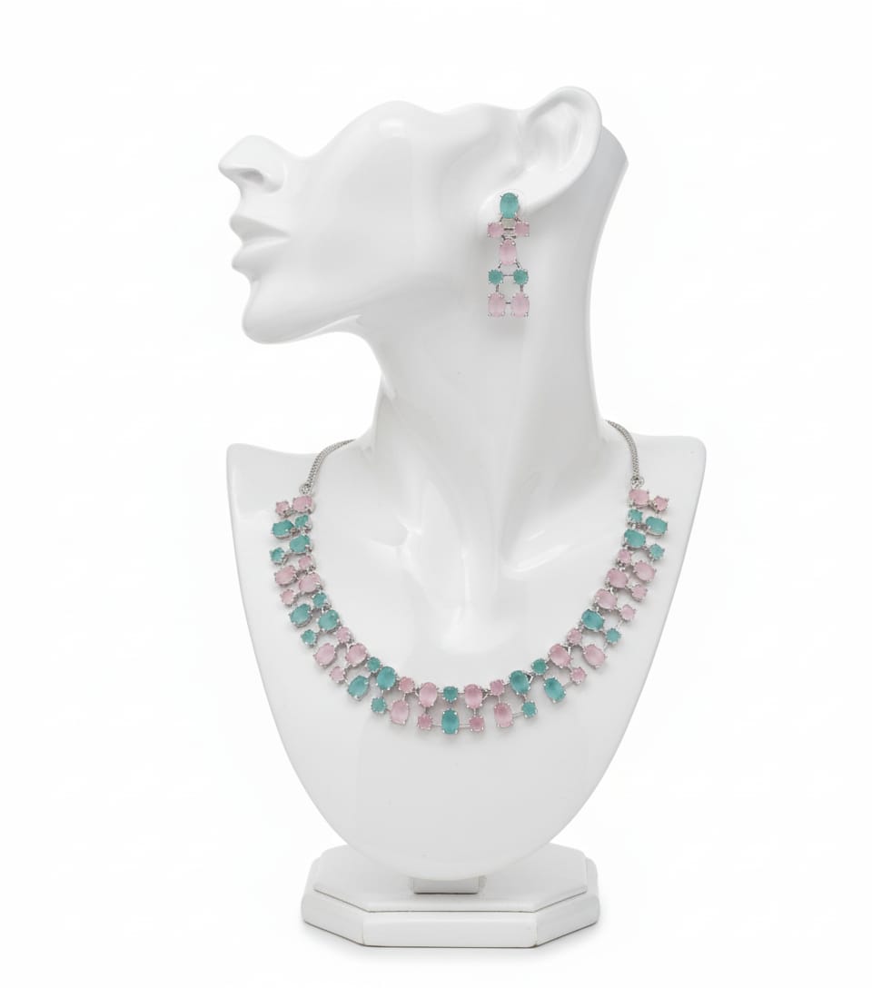 Ringing Jewels Mint and Pink Colour "AD" Necklace Set With Earrings