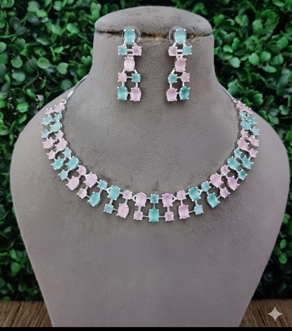 Ringing Jewels Mint and Pink Colour "AD" Necklace Set With Earrings