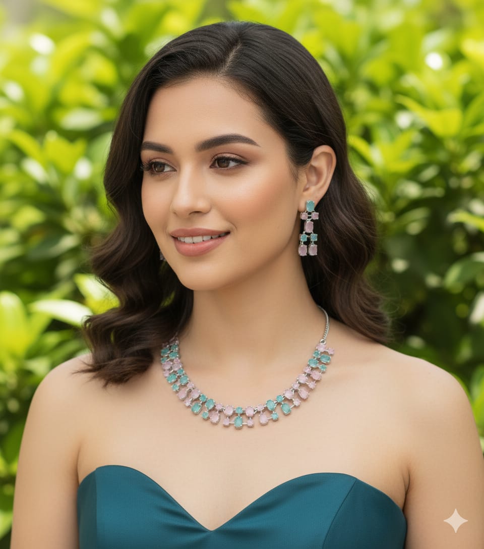 Ringing Jewels Mint and Pink Colour "AD" Necklace Set With Earrings