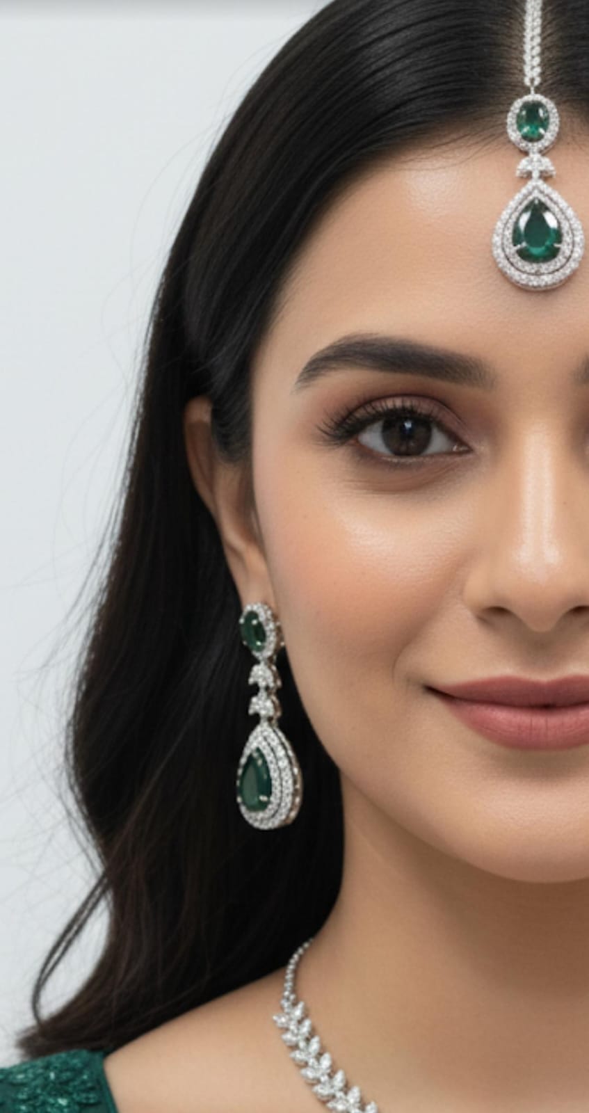 Ringing Jewels "Green" Colour "AD" Necklace Set With Earrings and Mang Tika