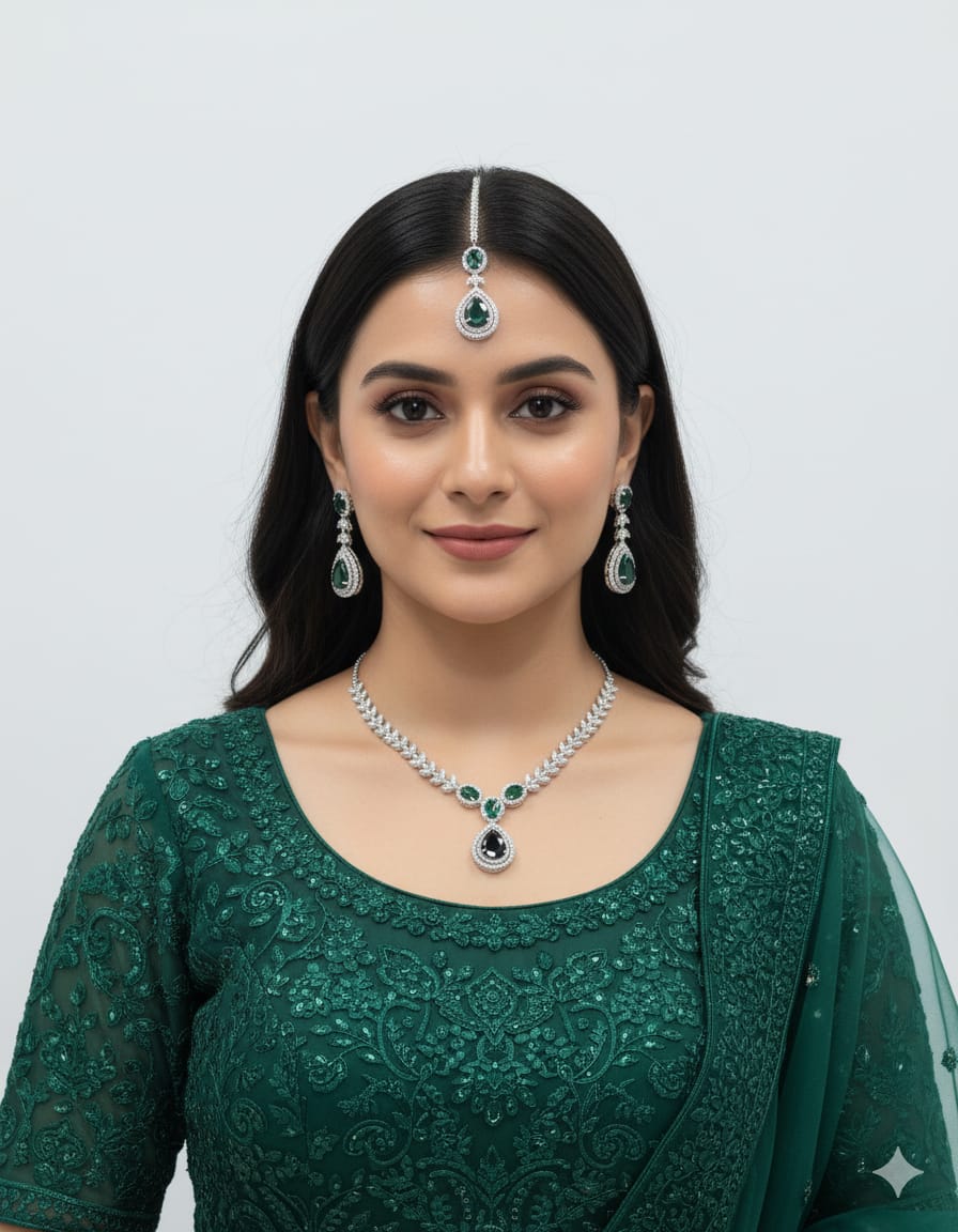 Ringing Jewels "Green" Colour "AD" Necklace Set With Earrings and Mang Tika