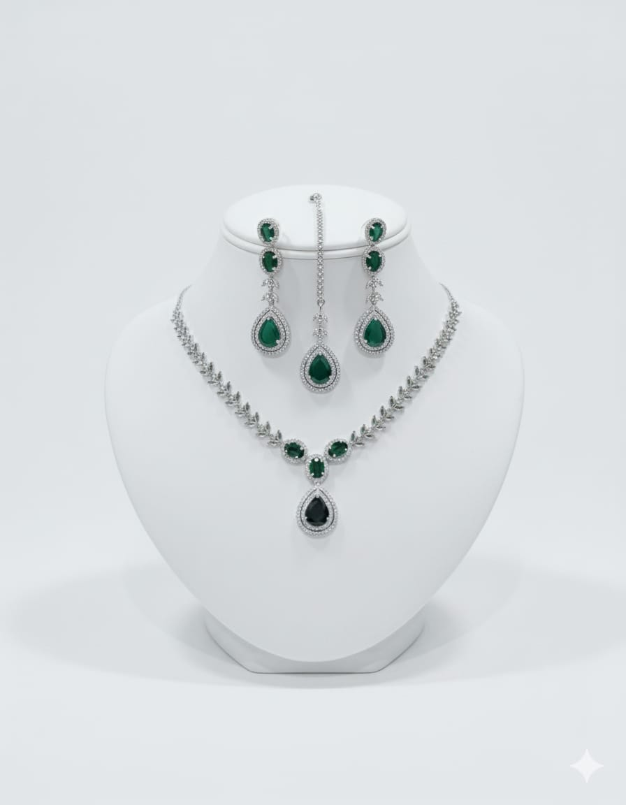 Ringing Jewels "Green" Colour "AD" Necklace Set With Earrings and Mang Tika