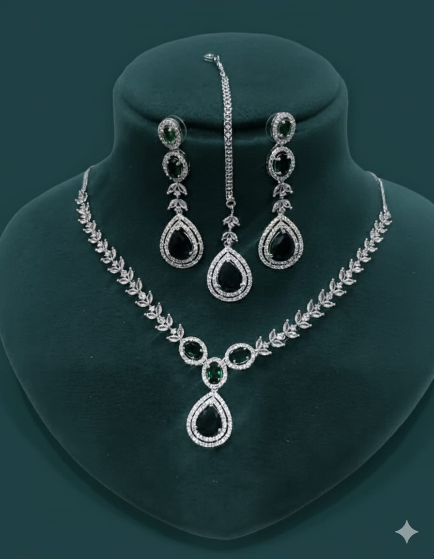 Ringing Jewels "Green" Colour "AD" Necklace Set With Earrings and Mang Tika