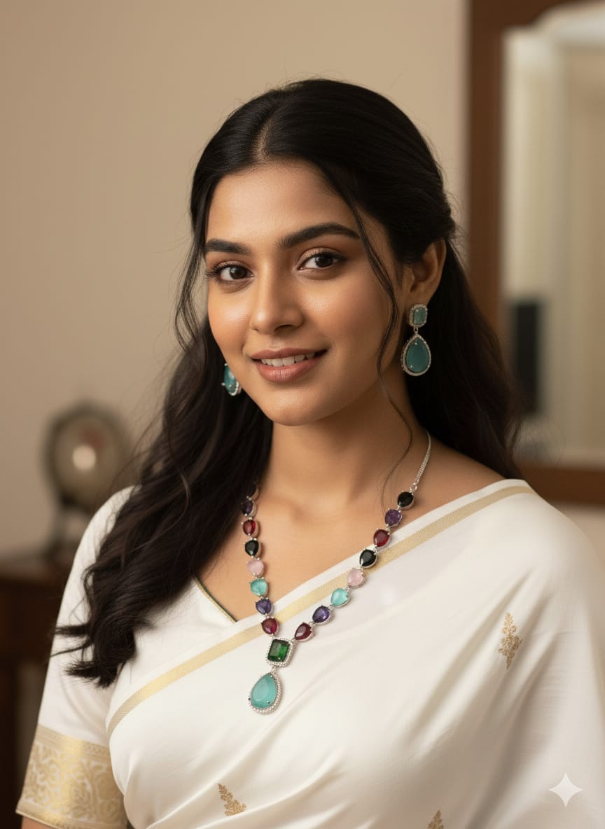 Ringing Jewels High Quality Elegant and Party Wear Multi Colour "AD" Necklace Set With Earrings