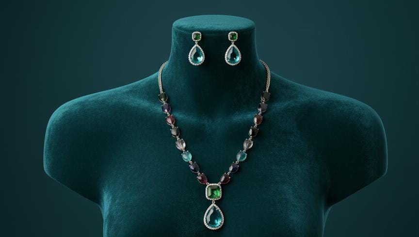 Ringing Jewels High Quality Elegant and Party Wear Multi Colour "AD" Necklace Set With Earrings