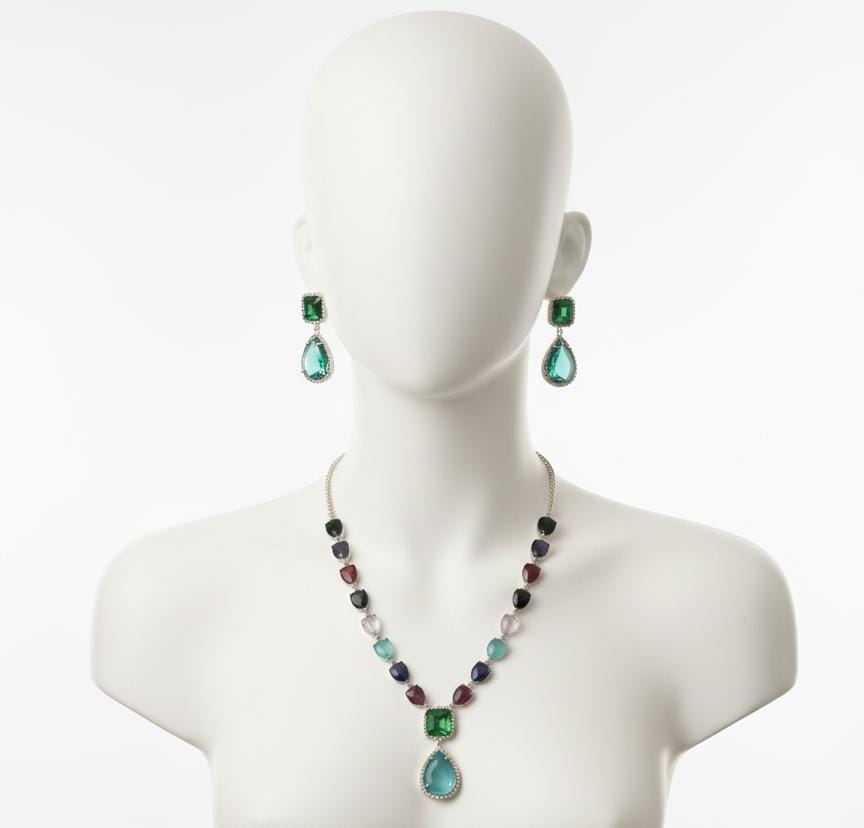 Ringing Jewels High Quality Elegant and Party Wear Multi Colour "AD" Necklace Set With Earrings