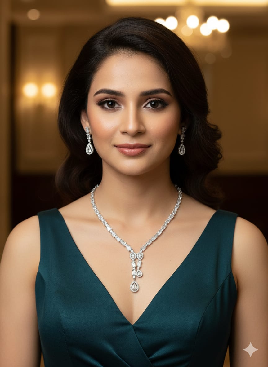 Ringing Jewels Premium Quality White Colour Stones Single Layer "AD" Front Focused Necklace Set For Women With Earrings