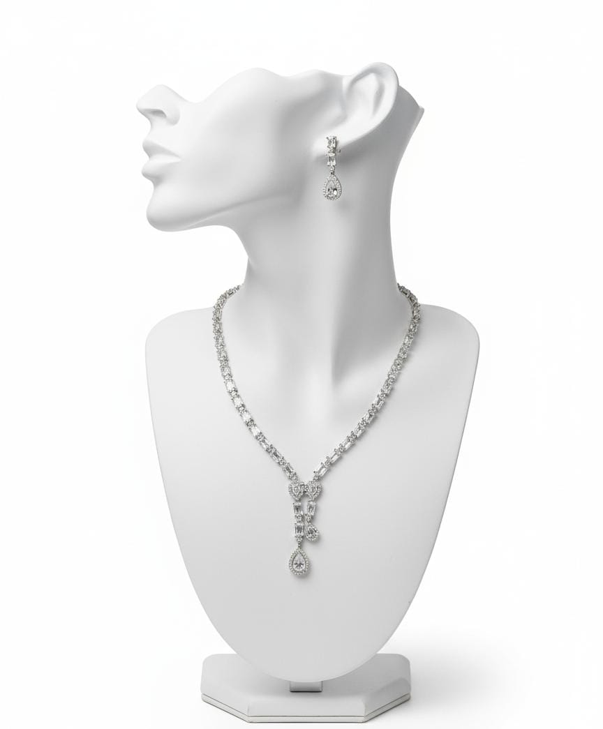 Ringing Jewels Premium Quality White Colour Stones Single Layer "AD" Front Focused Necklace Set For Women With Earrings