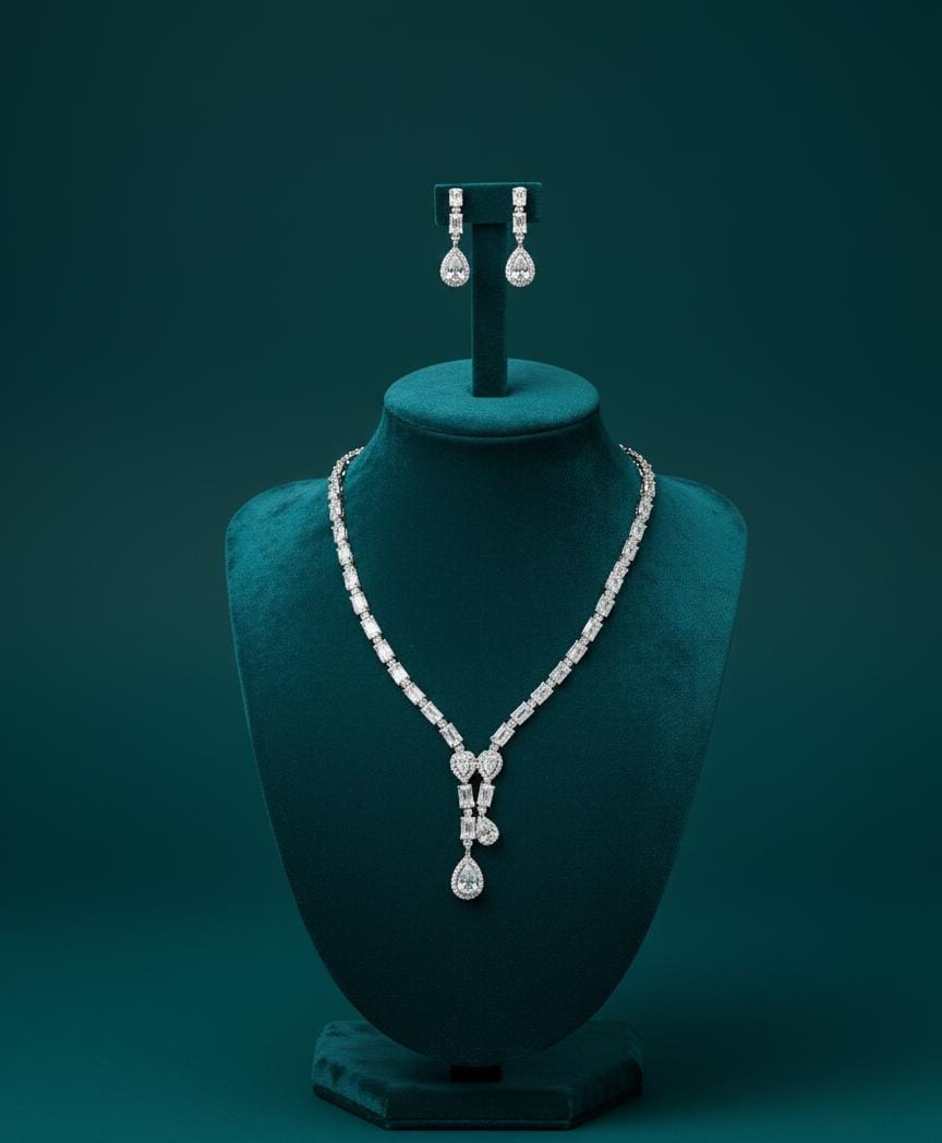 Ringing Jewels Premium Quality White Colour Stones Single Layer "AD" Front Focused Necklace Set For Women With Earrings