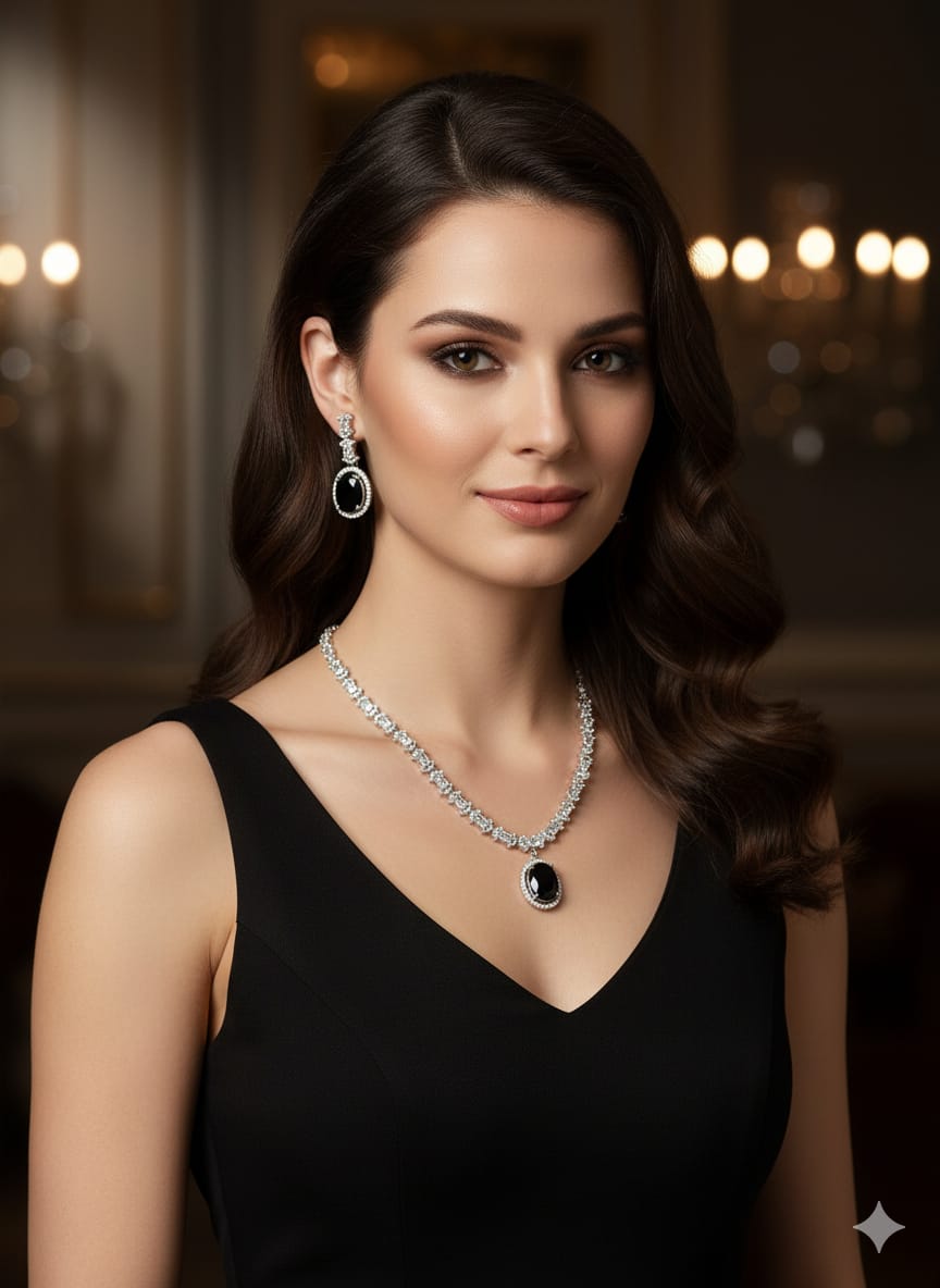 Ringing Jewels Premium Quality "Black" Colour "AD" Necklace Set For Women With Earrings