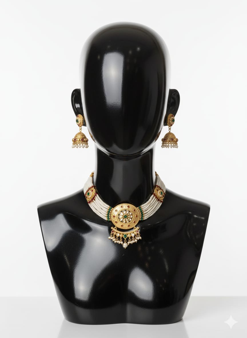 Ringing Jewels "Rajwadi" Necklace Set Premium Quality With Earrings - Multi Colour