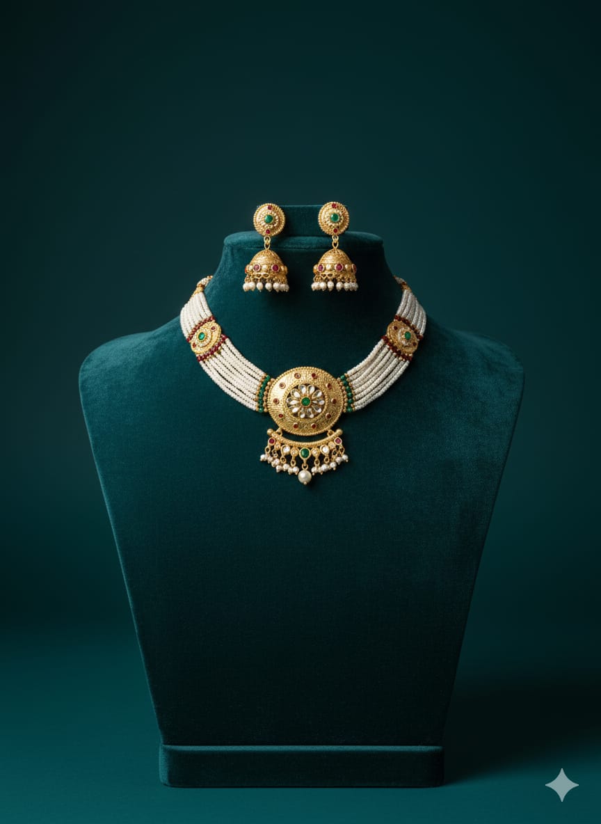 Ringing Jewels "Rajwadi" Necklace Set Premium Quality With Earrings - Multi Colour