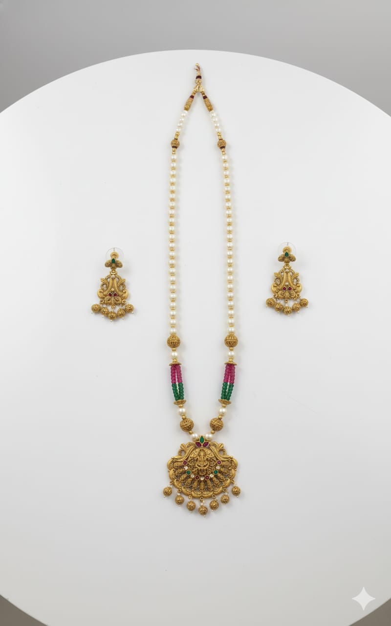 Ringing Jewels "Rajwadi" Necklace Set Premium Quality With Earrings - Multi Colour
