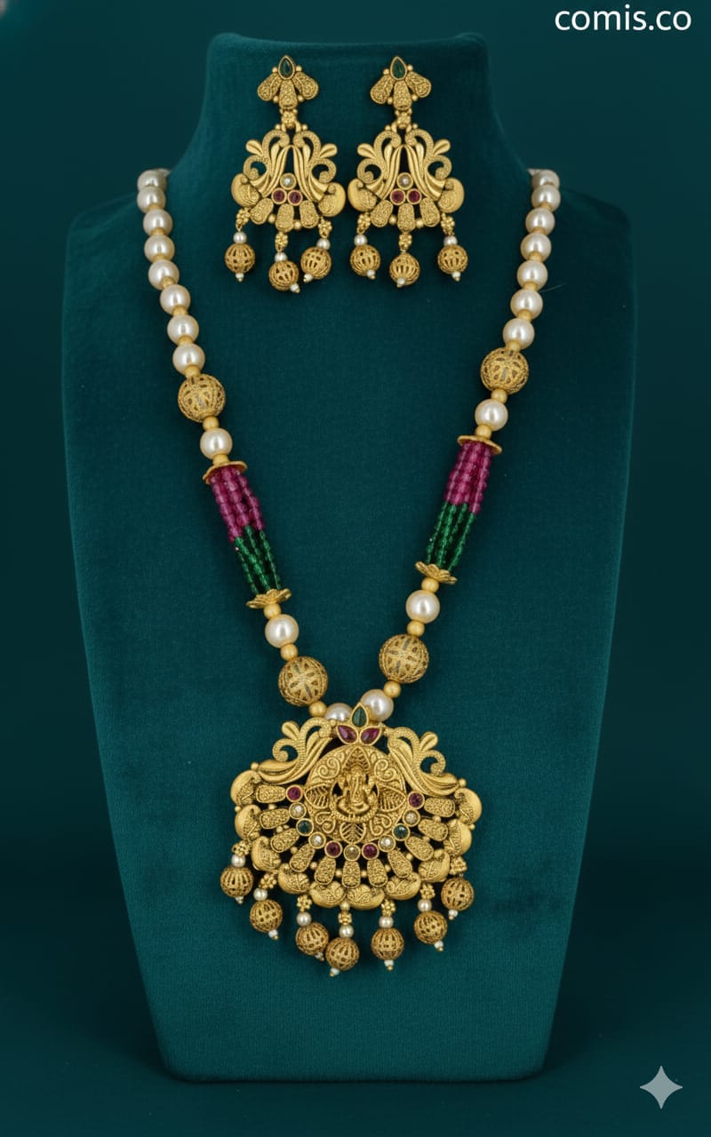Ringing Jewels "Rajwadi" Necklace Set Premium Quality With Earrings - Multi Colour
