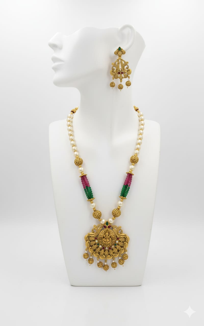 Ringing Jewels "Rajwadi" Necklace Set Premium Quality With Earrings - Multi Colour
