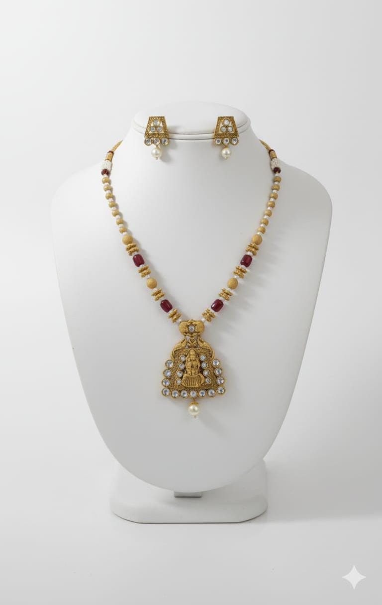 Ringing Jewels "Rajwadi" Necklace Set Premium Quality With Earrings - Ruby Colour