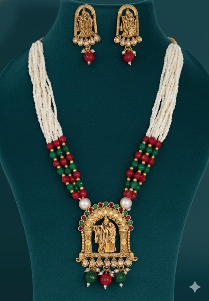 Ringing Jewels "Rajwadi" Unique Temple Necklace Set Premium Quality With Earrings - Multi Colour