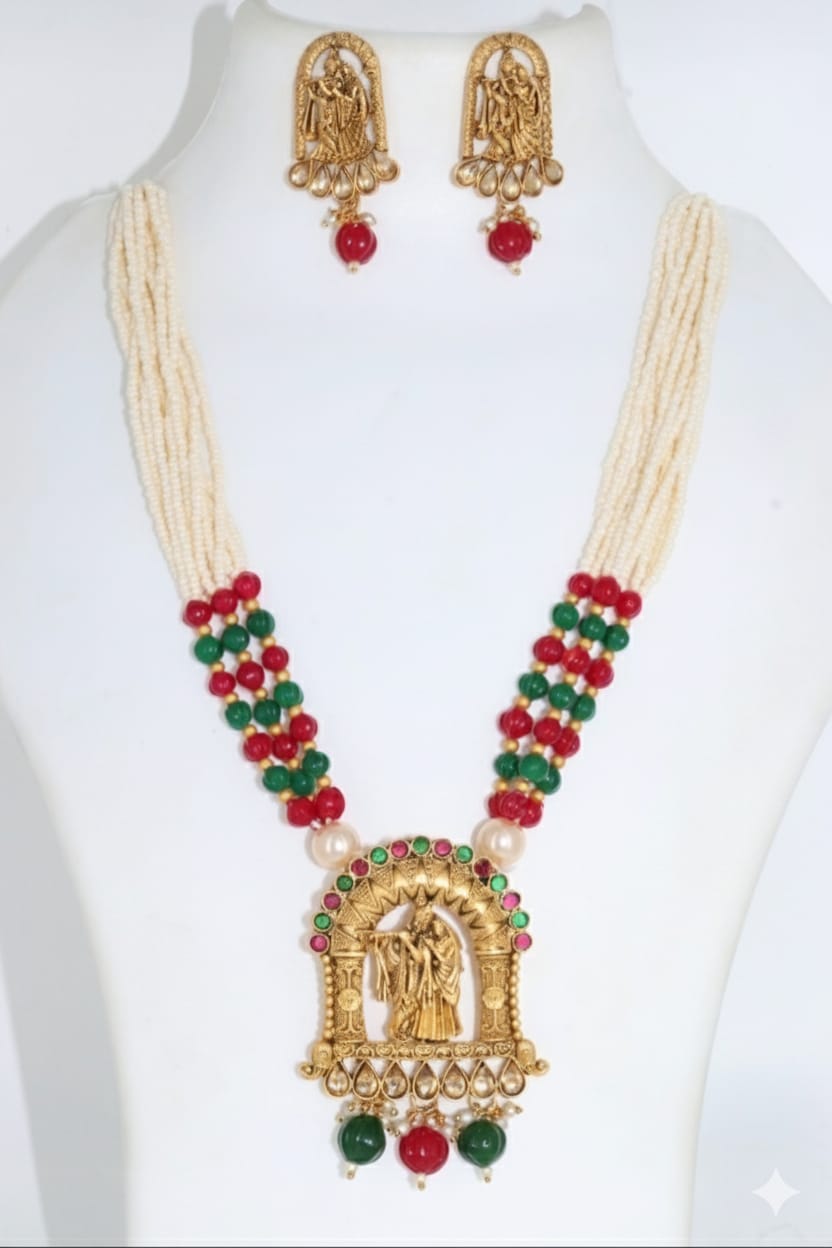 Ringing Jewels "Rajwadi" Unique Temple Necklace Set Premium Quality With Earrings - Multi Colour