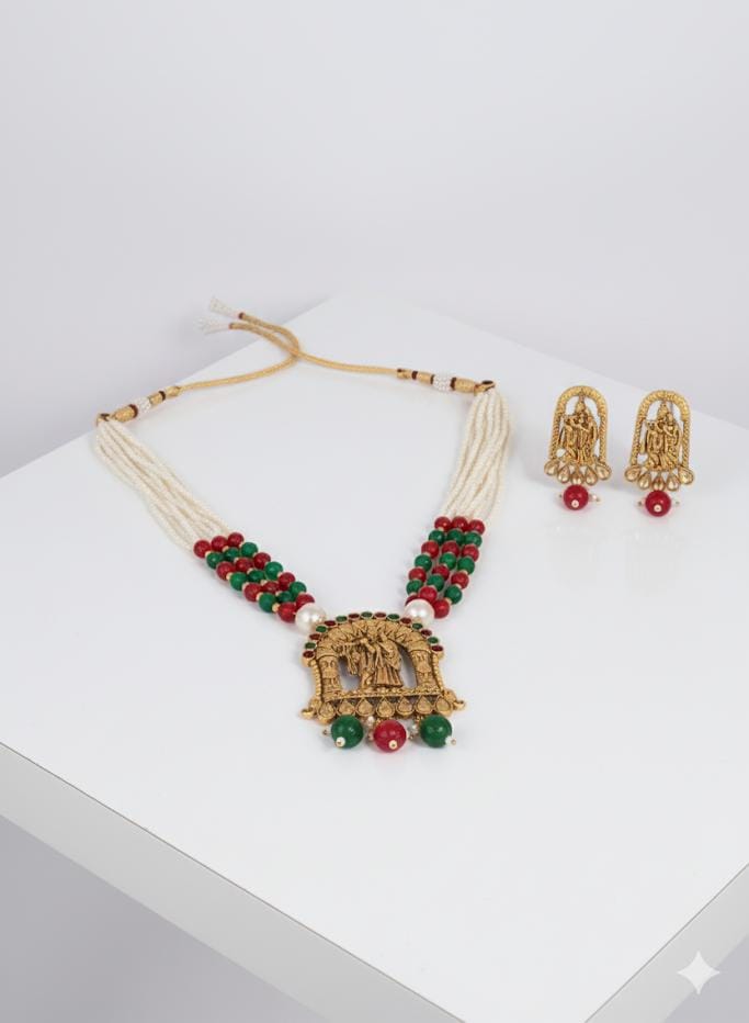 Ringing Jewels "Rajwadi" Unique Temple Necklace Set Premium Quality With Earrings - Multi Colour