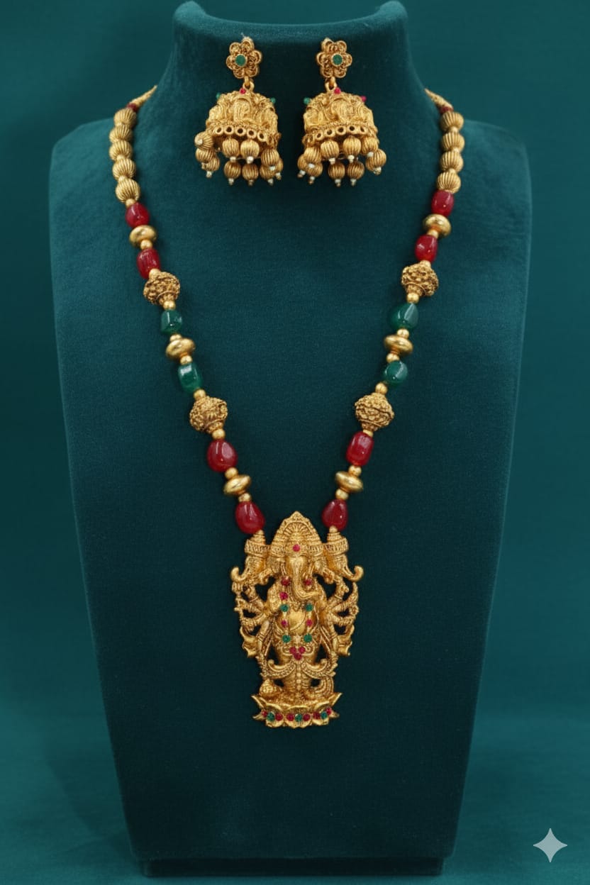 Ringing Jewels "Rajwadi" Unique Temple Necklace Set Premium Quality With Earrings - Multi Colour