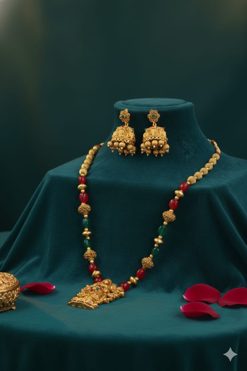 Ringing Jewels "Rajwadi" Unique Temple Necklace Set Premium Quality With Earrings - Multi Colour