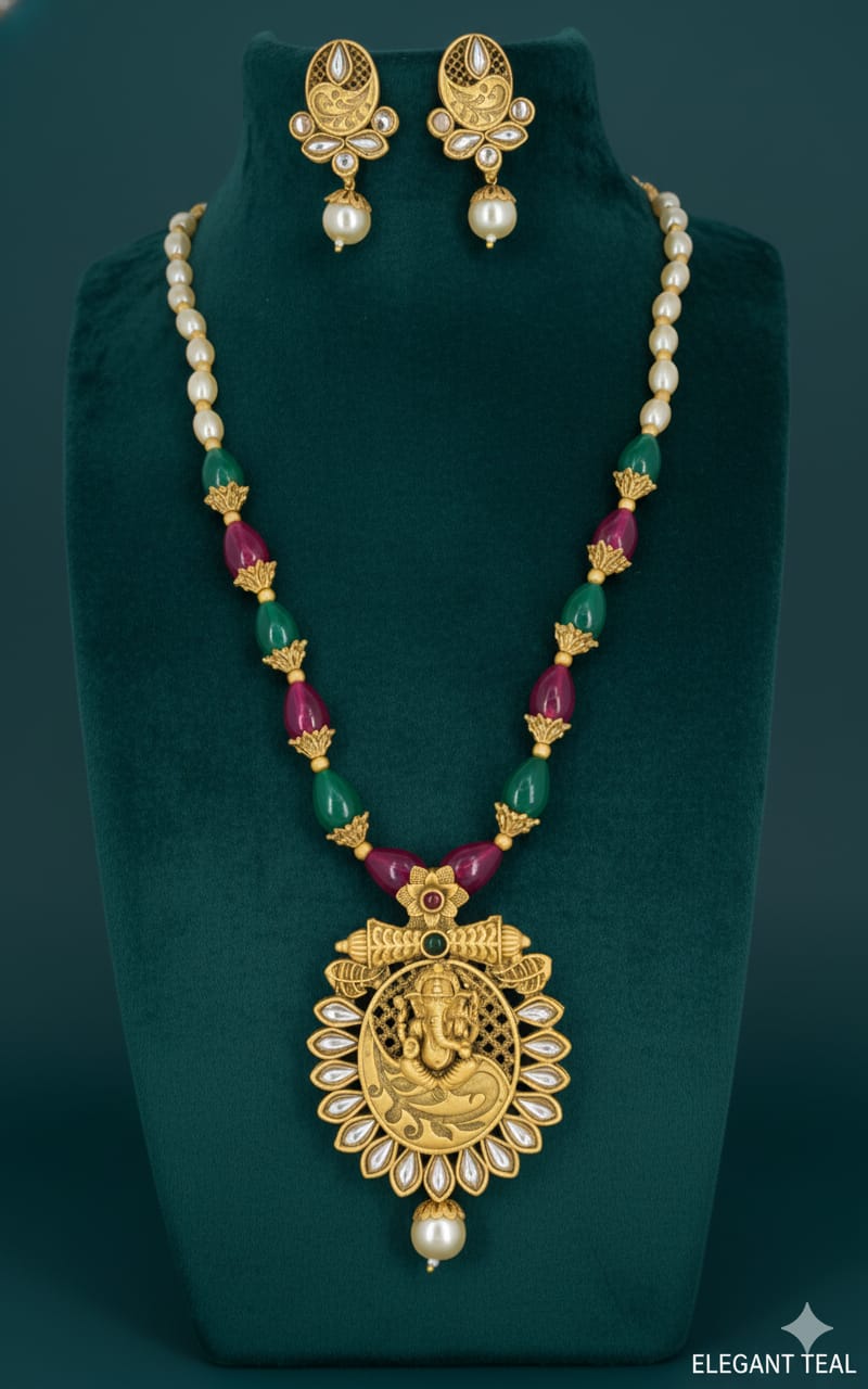 Ringing Jewels "Rajwadi" Unique Temple Necklace Set Premium Quality With Earrings - Multi Colour