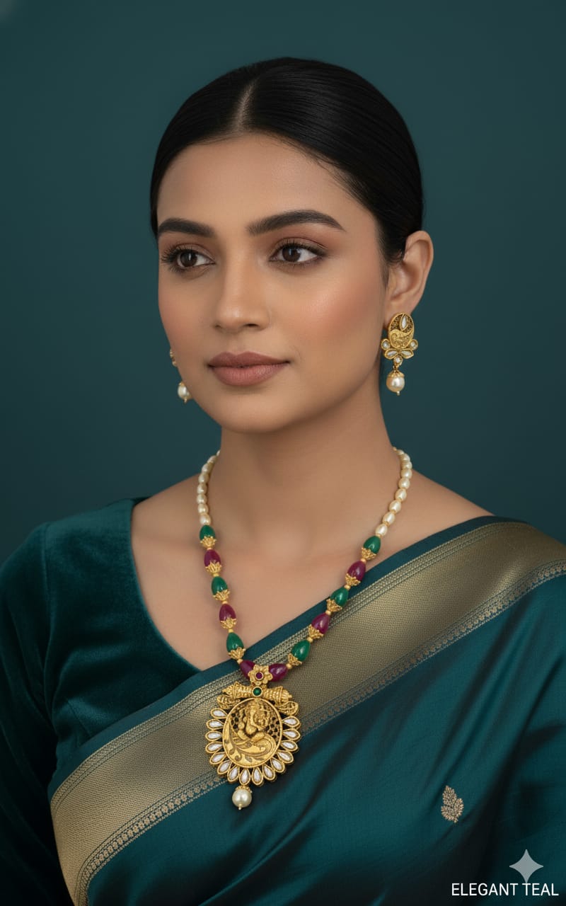 Ringing Jewels "Rajwadi" Unique Temple Necklace Set Premium Quality With Earrings - Multi Colour