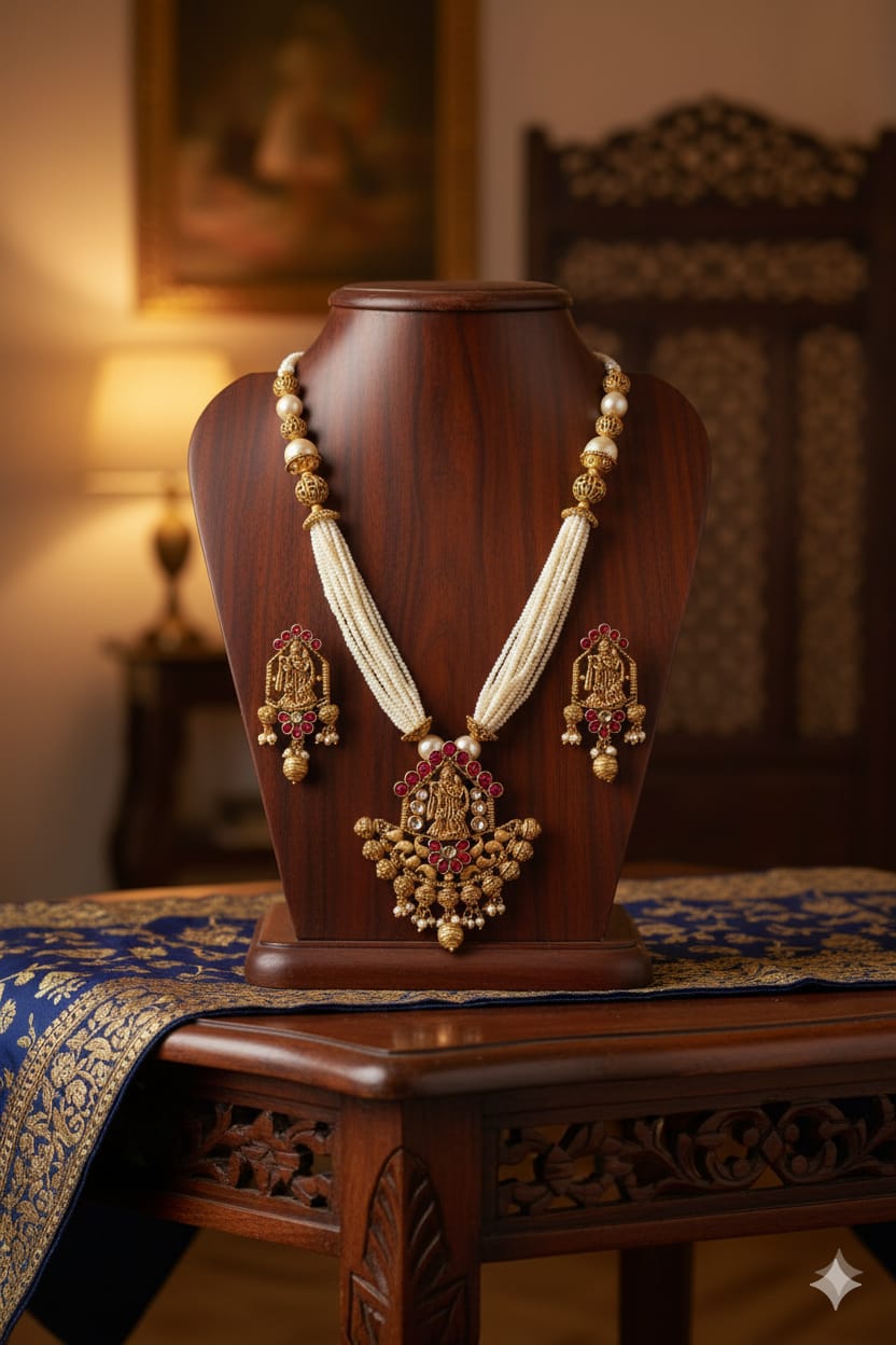 Ringing Jewels "Rajwadi" Unique Temple Necklace Set Premium Quality With Earrings - Ruby Colour