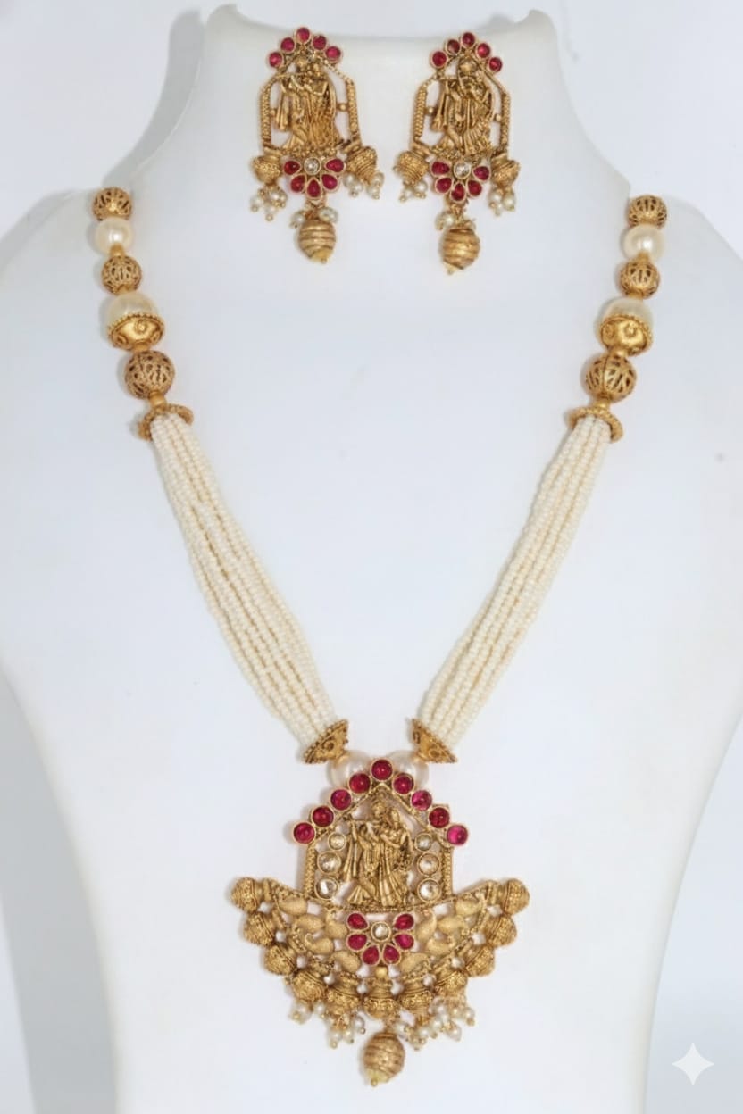 Ringing Jewels "Rajwadi" Unique Temple Necklace Set Premium Quality With Earrings - Ruby Colour