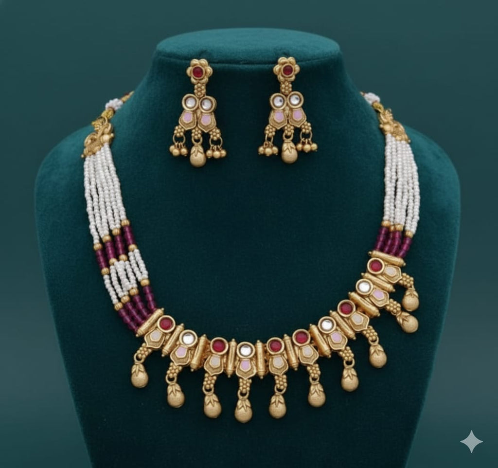 Ringing Jewels "Rajwadi" Unique Necklace Set Premium Quality With Earrings - Ruby Colour