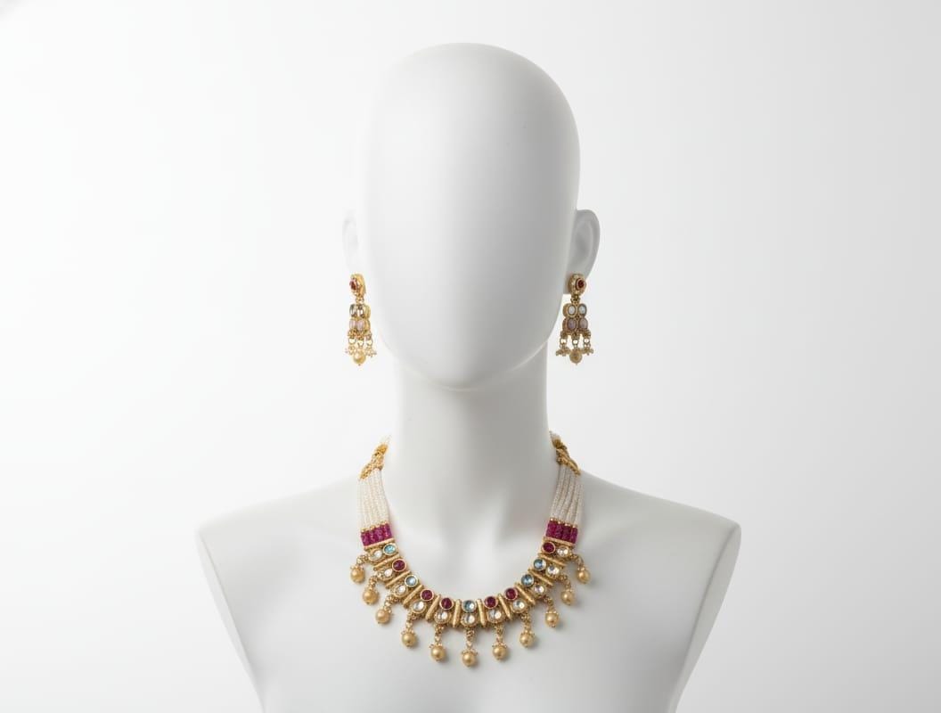 Ringing Jewels "Rajwadi" Unique Necklace Set Premium Quality With Earrings - Ruby Colour