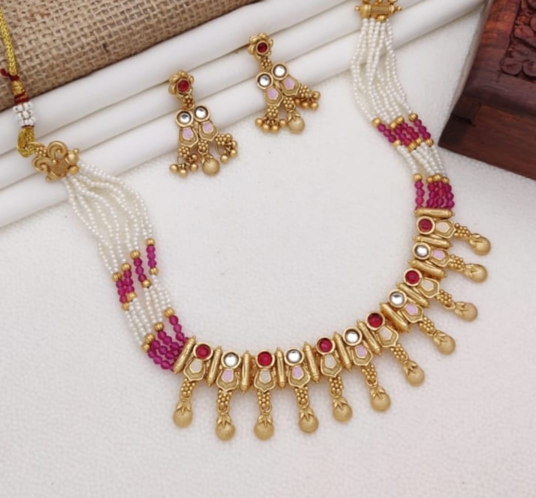 Ringing Jewels "Rajwadi" Unique Necklace Set Premium Quality With Earrings - Ruby Colour