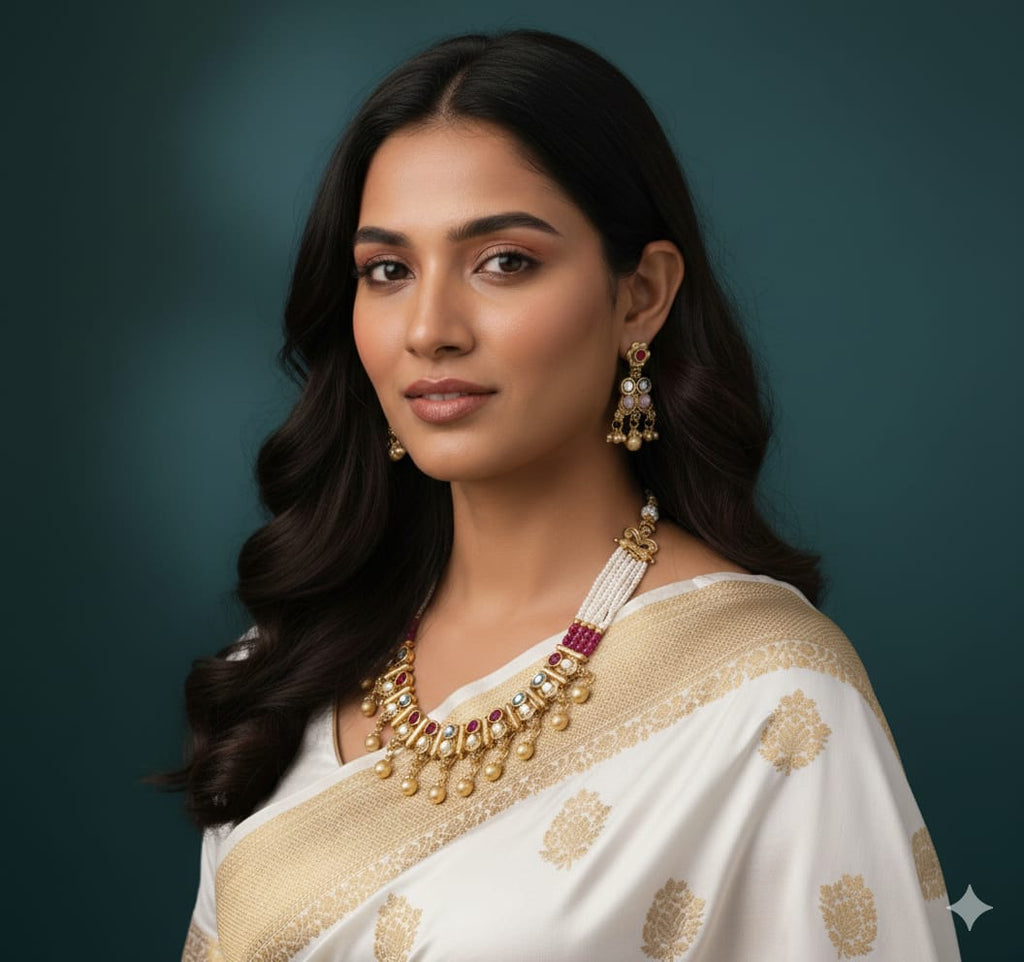 Ringing Jewels "Rajwadi" Unique Necklace Set Premium Quality With Earrings - Ruby Colour