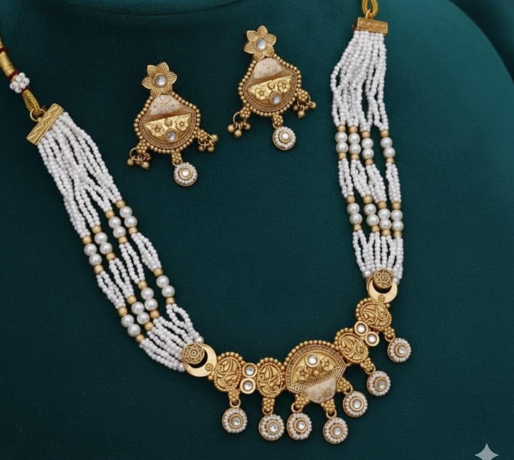 Ringing Jewels "Rajwadi" Unique Necklace Set Premium Quality With Earrings - White Colour