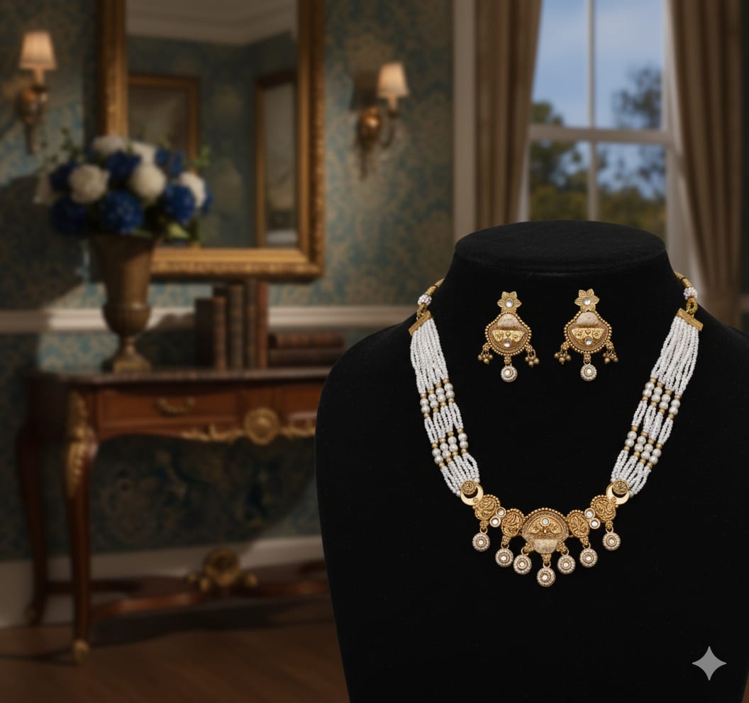 Ringing Jewels "Rajwadi" Unique Necklace Set Premium Quality With Earrings - White Colour