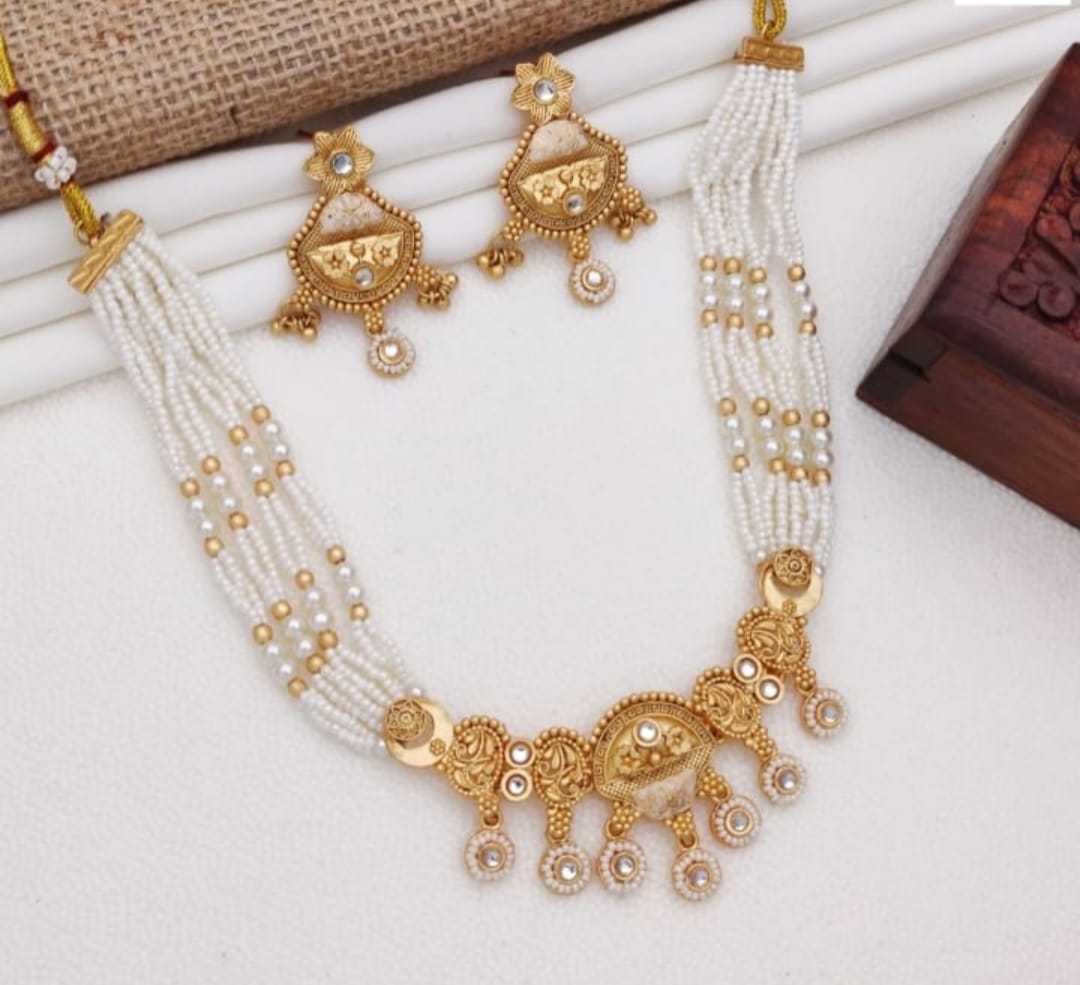 Ringing Jewels "Rajwadi" Unique Necklace Set Premium Quality With Earrings - White Colour
