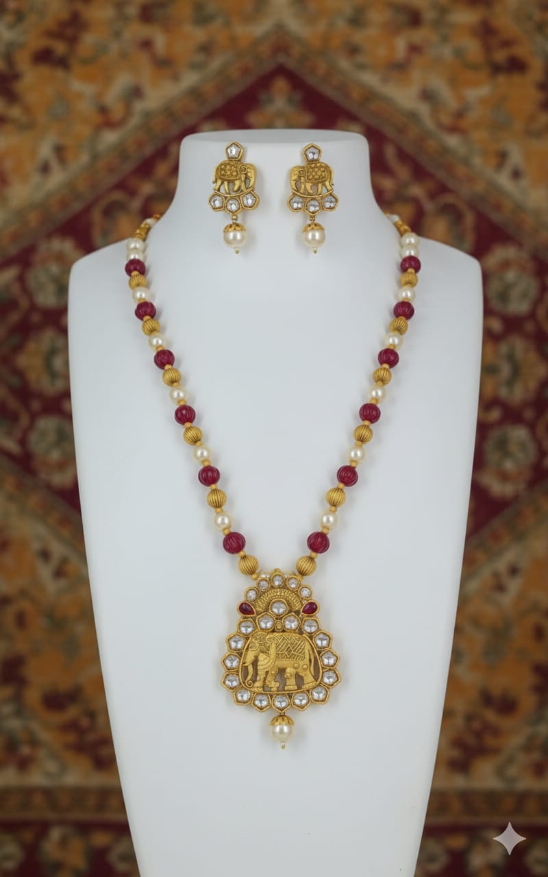 Ringing Jewels "Rajwadi" Unique Necklace Set Premium Quality With Earrings - Ruby Colour