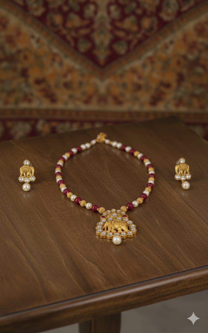 Ringing Jewels "Rajwadi" Unique Necklace Set Premium Quality With Earrings - Ruby Colour