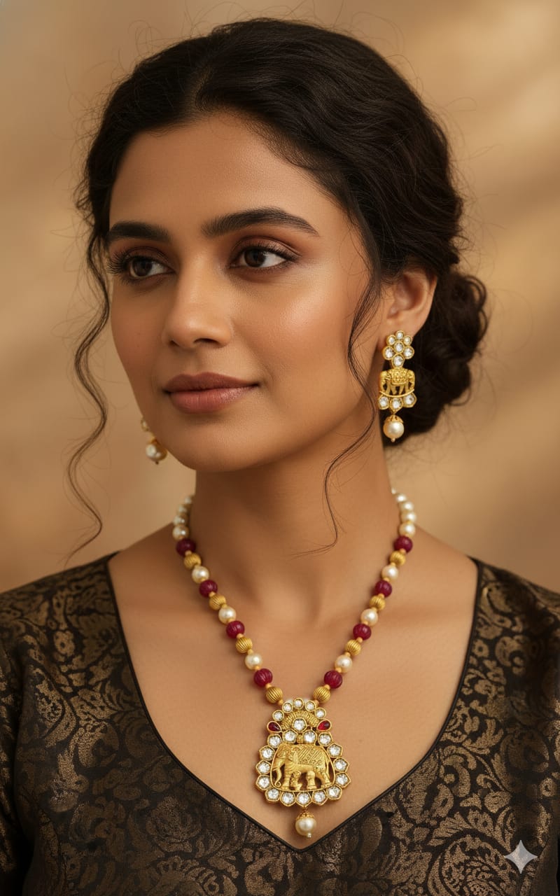 Ringing Jewels "Rajwadi" Unique Necklace Set Premium Quality With Earrings - Ruby Colour