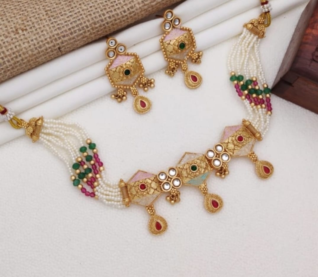 Ringing Jewels "Rajwadi" Unique Necklace Set Premium Quality With Earrings - Multi Colour