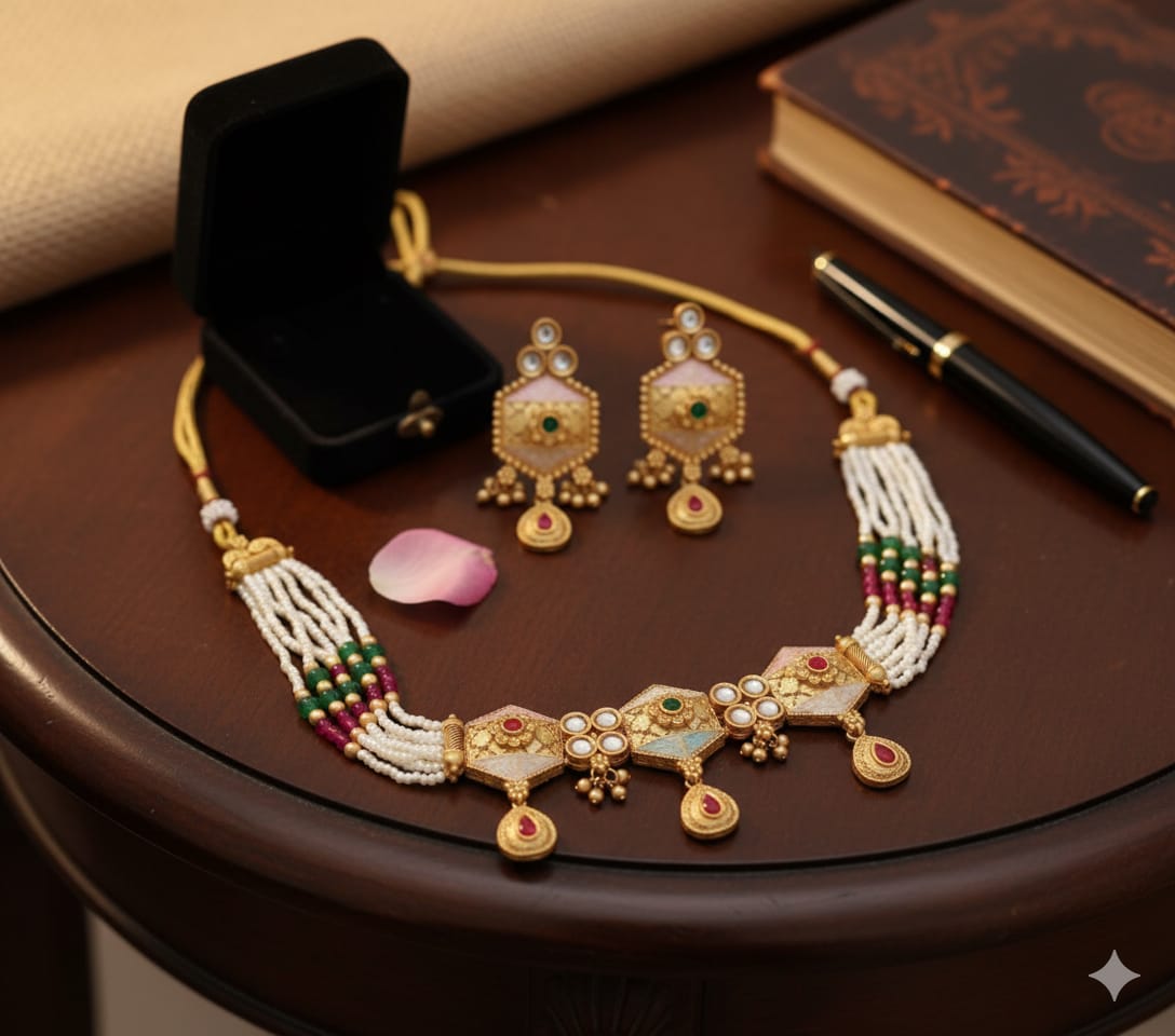 Ringing Jewels "Rajwadi" Unique Necklace Set Premium Quality With Earrings - Multi Colour